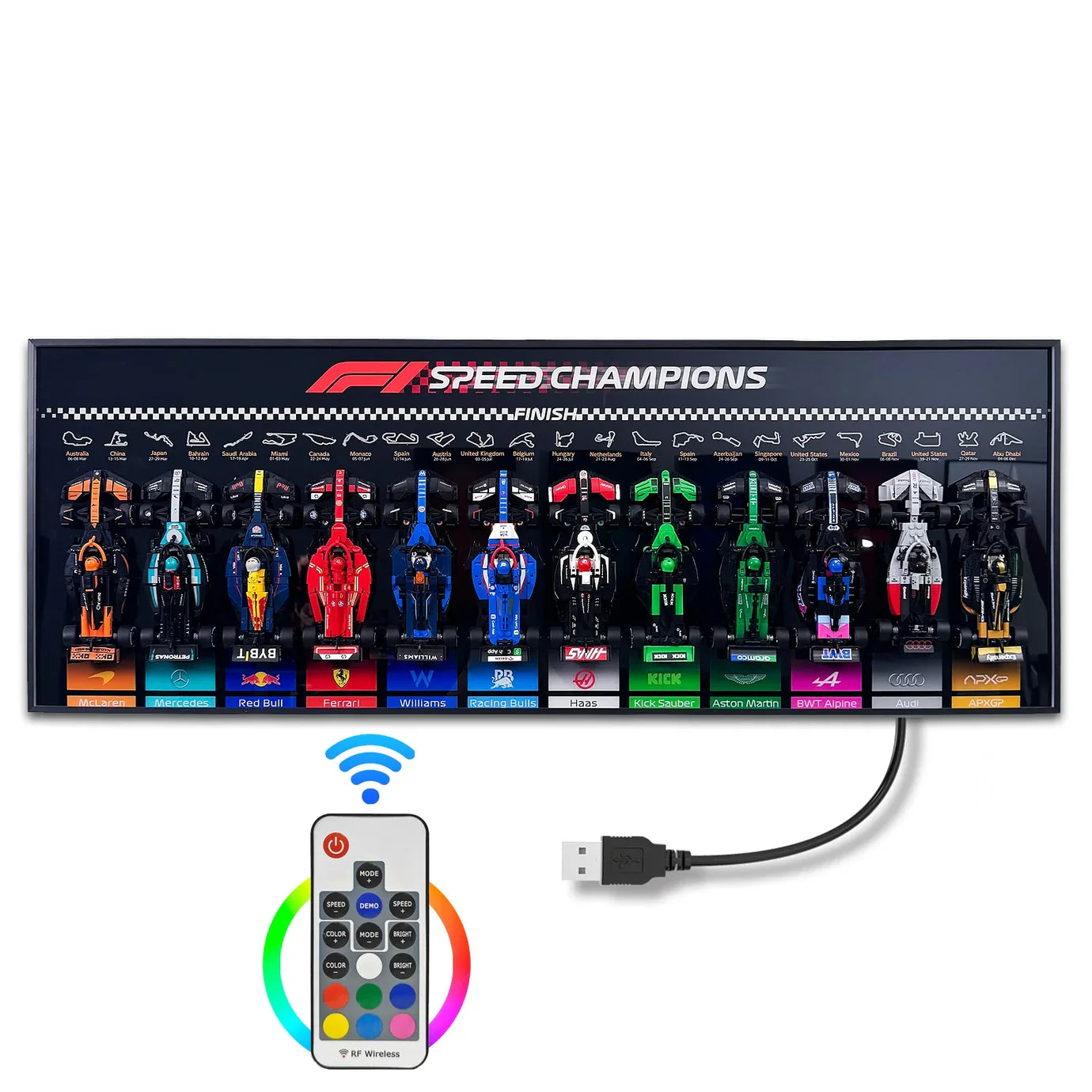 12-Car F1 Display Wall Frame – Complete Showcase Kit for LEGO Speed Champions | Horizontal | Black Matte
